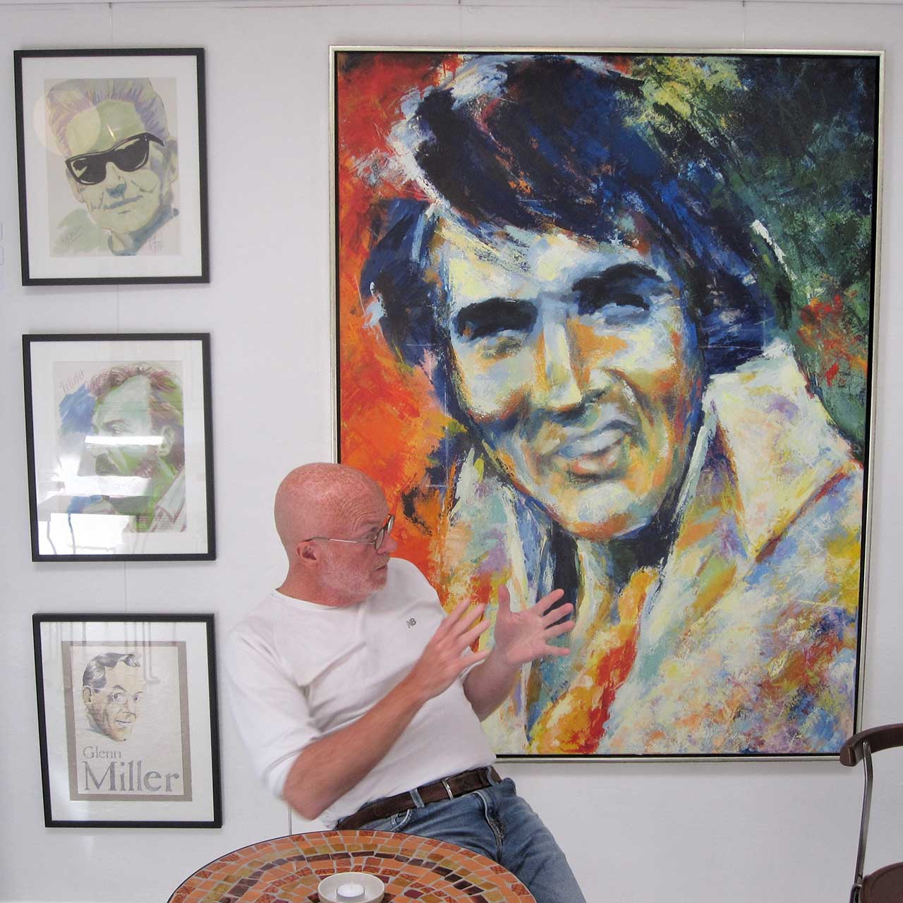 Portrætmaleri af Elvis Presley malet af portrætmaler Peter Simonsen. Akryl på lærred. Format: 120 x 160 cm