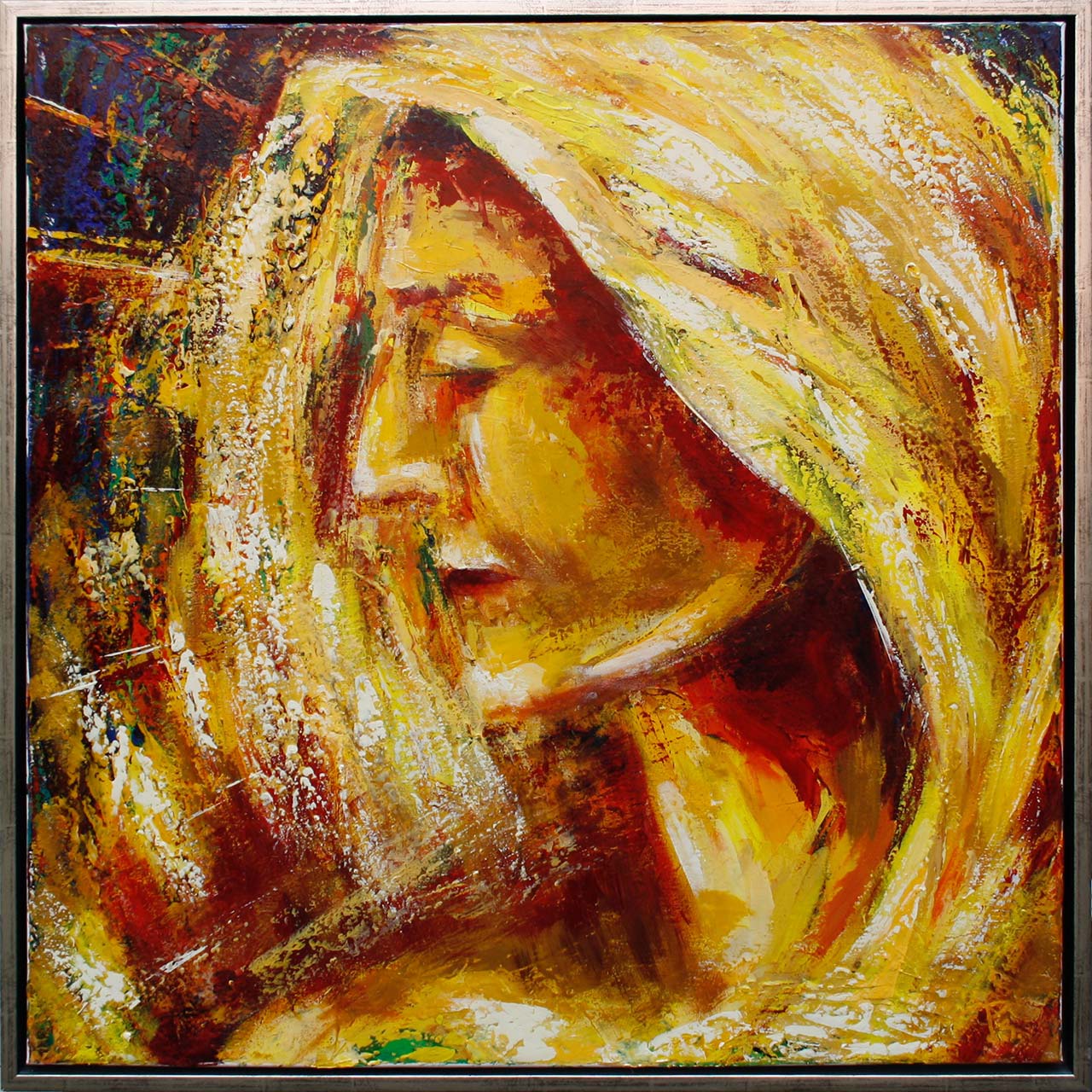 Portræt forestillende Jezebel. Udført af portrætmaler Peter Simonsen (Danmark). Titel: Jezebel - den faldne kvinde. Maleri, akryl på lærred