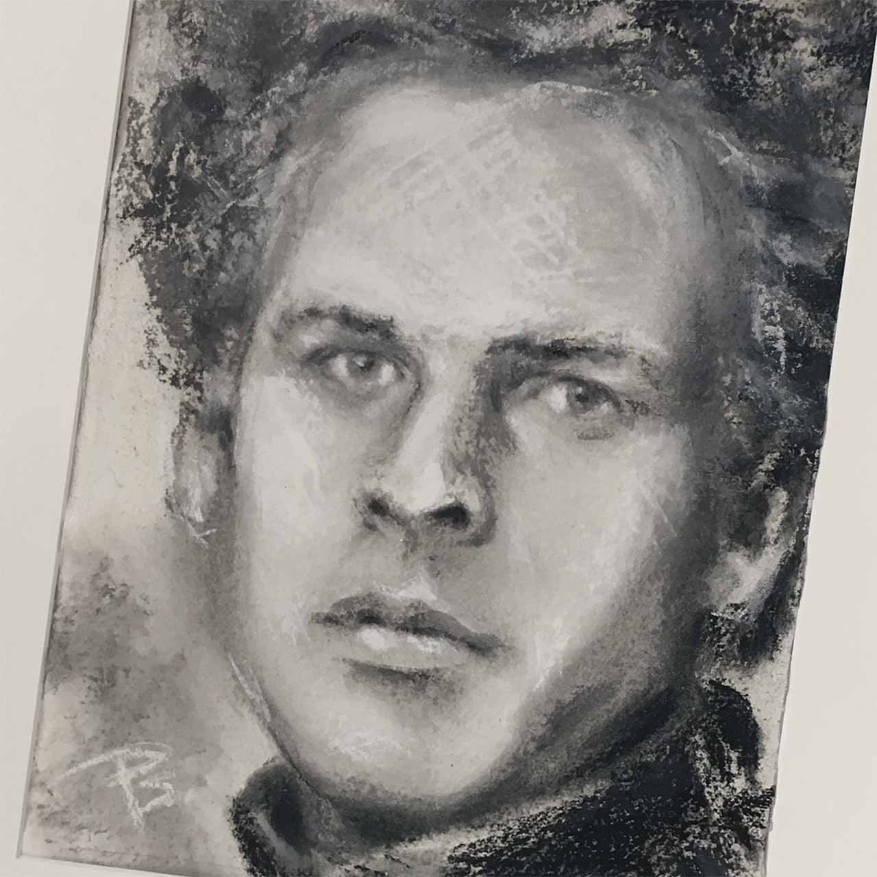 Portrættegning i kridt af Art Garfunkel tegnet på bomuld af portrættegner Peter Simonsen