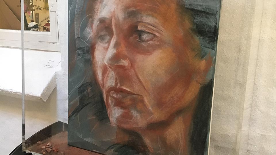 Portrait Painting 'Fragile' - Chalk on stretched canvas mounted inside a transparent acrylic display by portrait painter Peter Simonsen