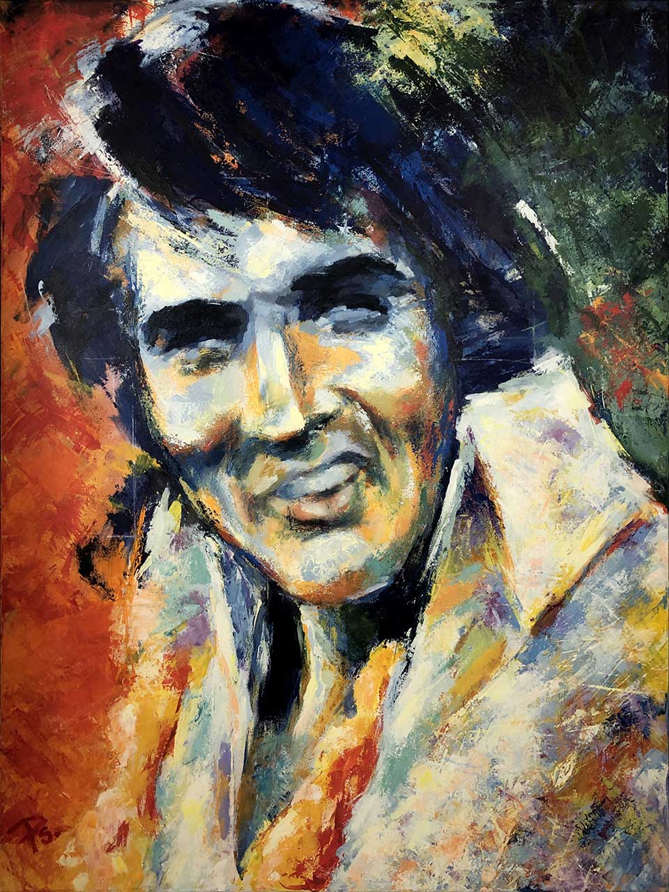 The portrait of Elvis Presley: The painting is titled 'The King' and created by the Danish portrait painter Peter Simonsen