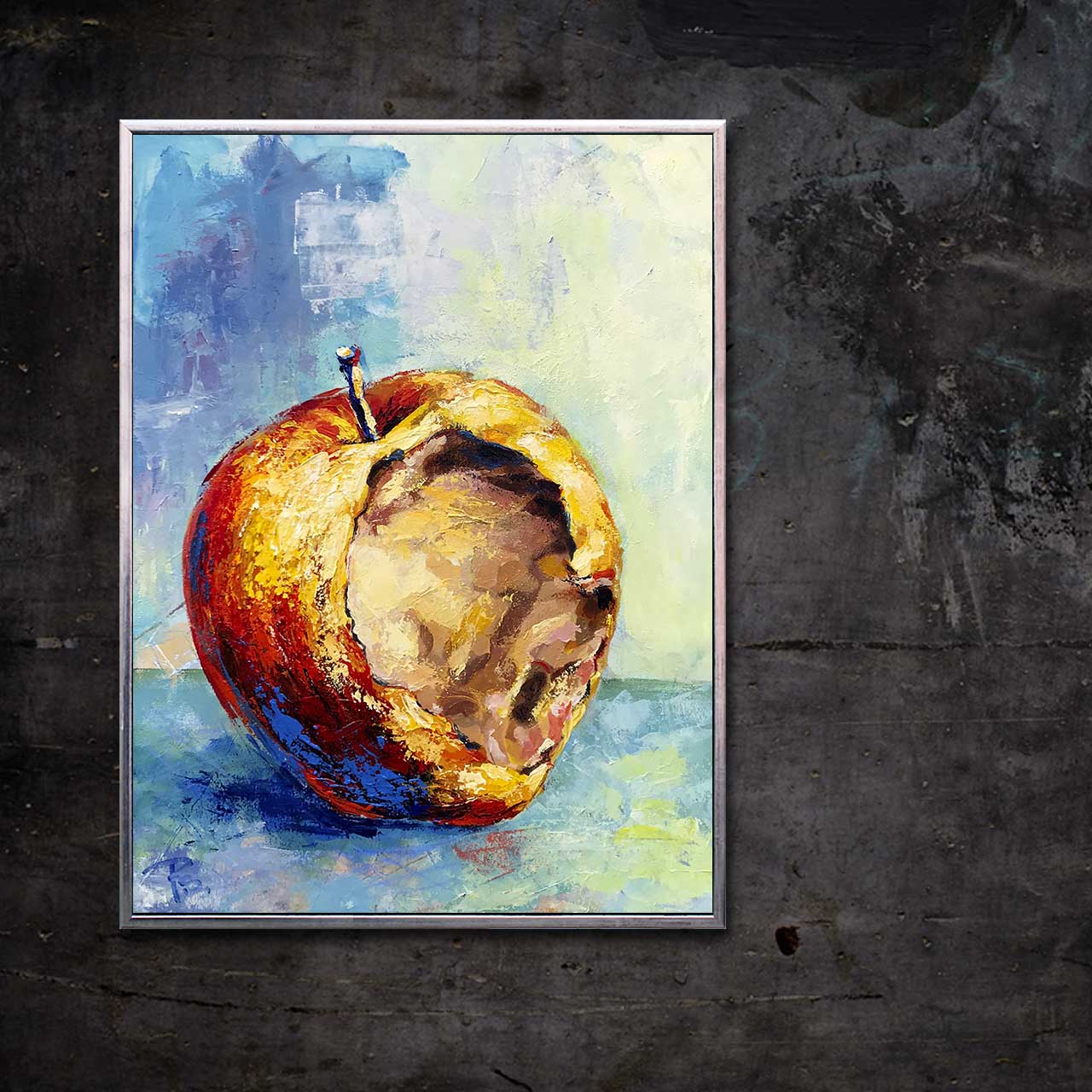 Æble med bid i og blå stilk 02 - malet af Peter Simonsen. Akryl og pastel på lærred. Format: 60 x 80 cm
