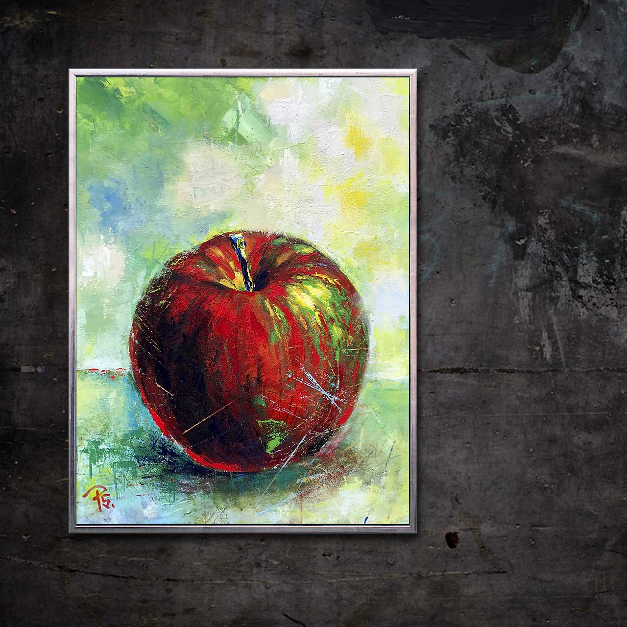 Rødt æble med blå stilk 01 - malet af Peter Simonsen. Akryl og pastel på lærred. Format: 60 x 80 cm