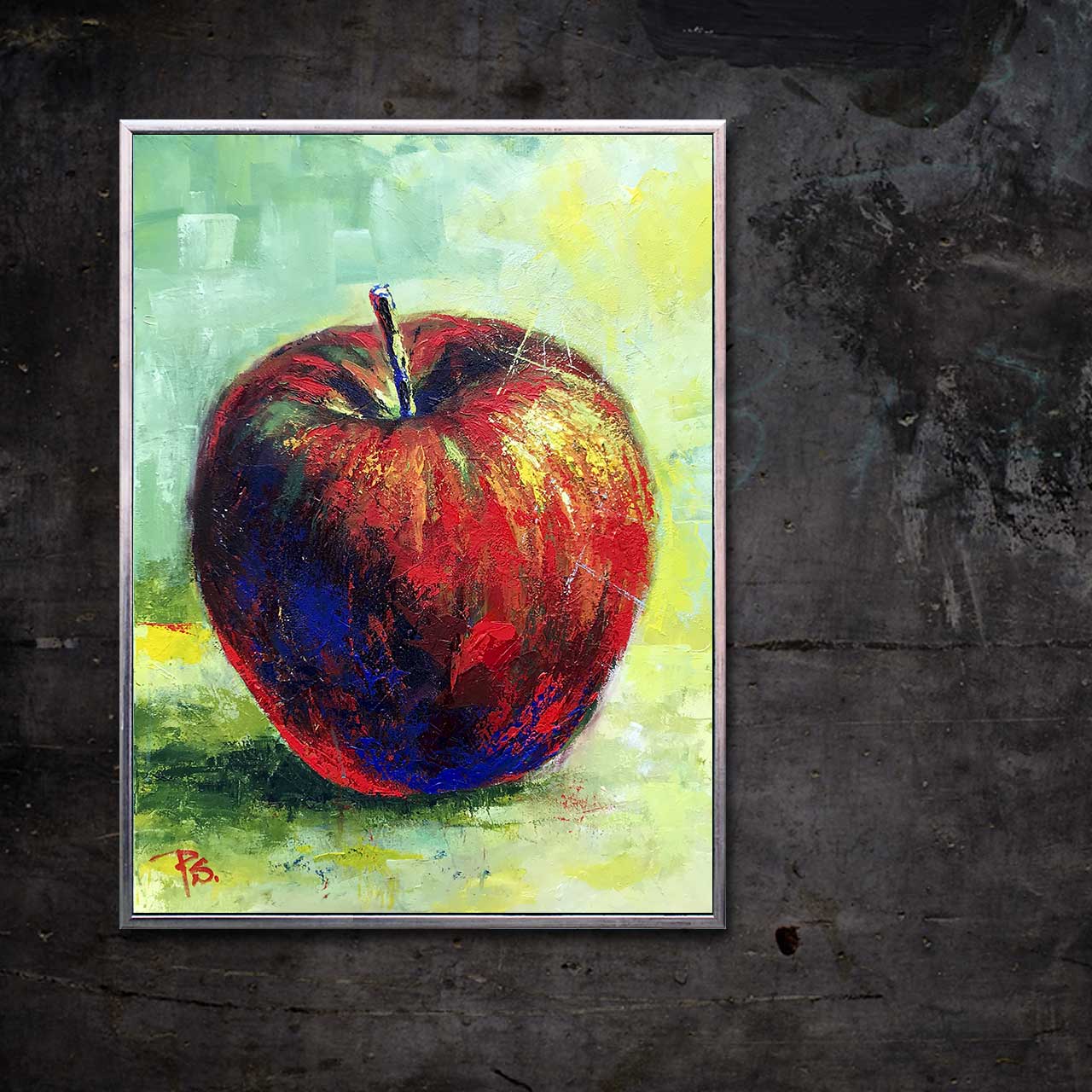 Rødt æble med blå stilk 02 - malet af Peter Simonsen. Akryl og pastel på lærred. Format: 60 x 80 cm