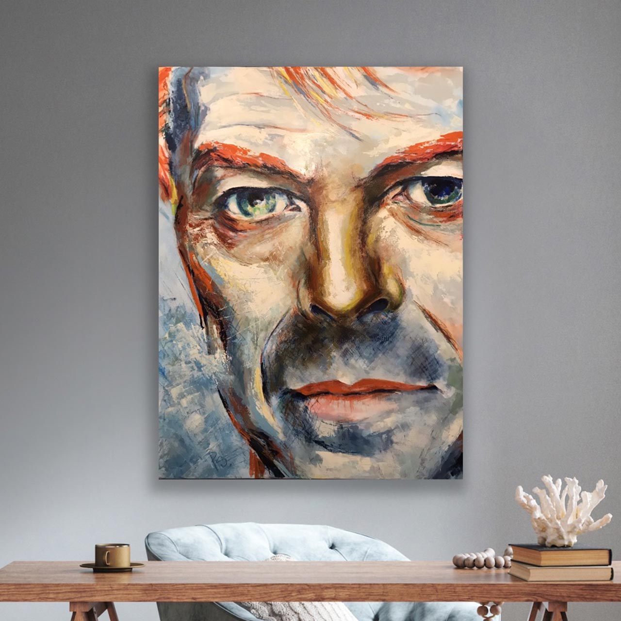 Portræt af David Bowie. Titel: Chameleon. Format: 90 x 120 cm. Mixed media malet af portrætmaler Peter Simonsen i 2020