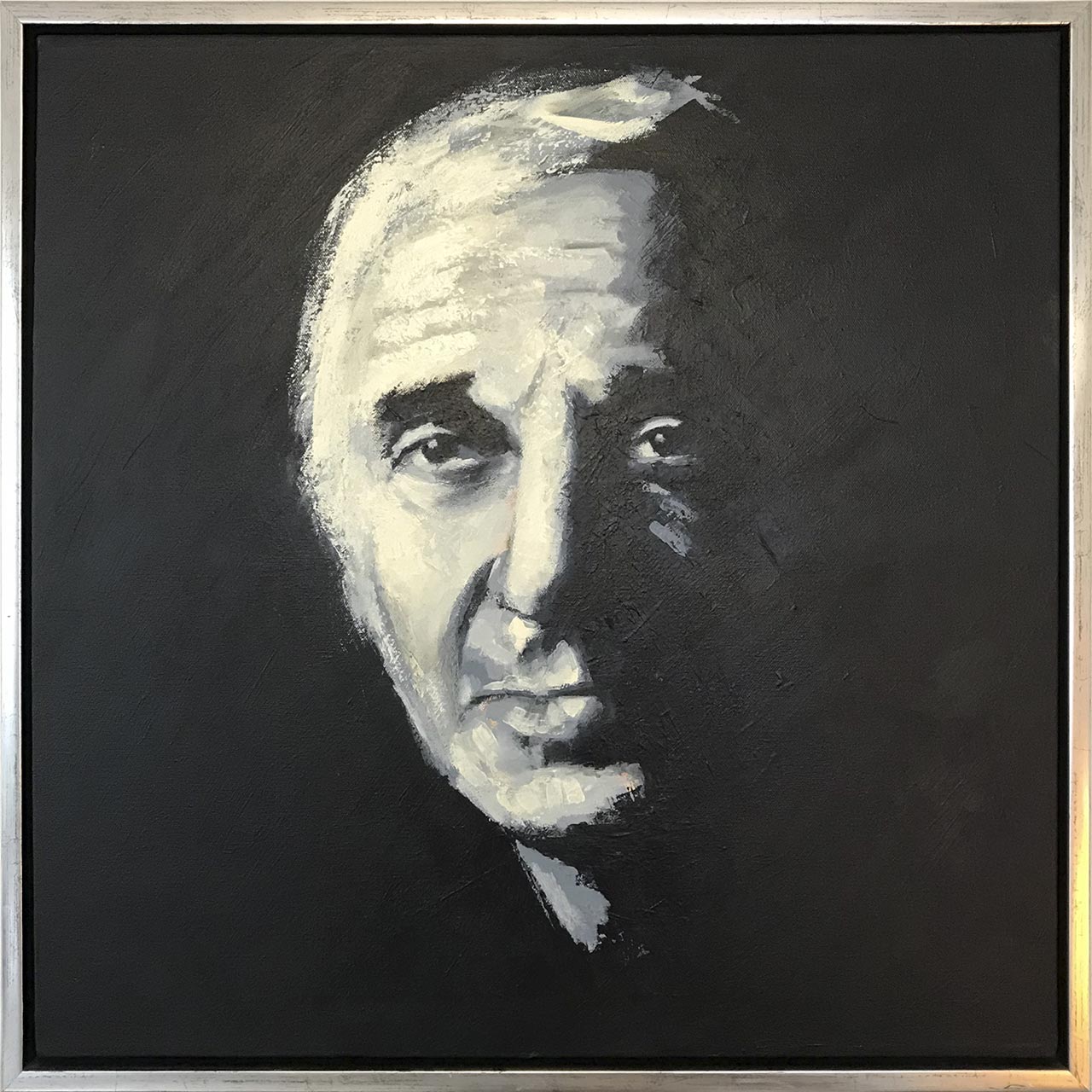 Portrætmaleriet af Charles Aznavour er udført af Peter Simonsen, ekspressionist portrætkunstner
