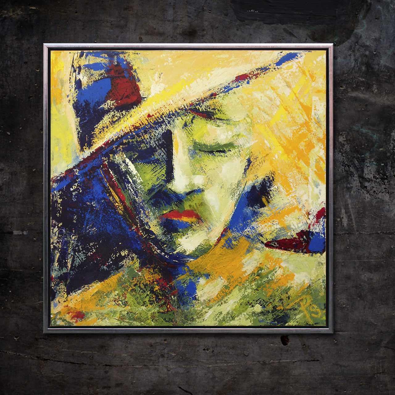 Billedkunstner: Peter Simonsen. Titel: Kvinde med Blå Hat. Maleri