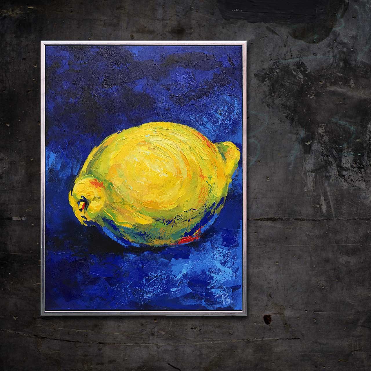 Citron gul på blå 012 - malet af Peter Simonsen. Akryl og pastel på lærred. Format: 60 x 80 cm