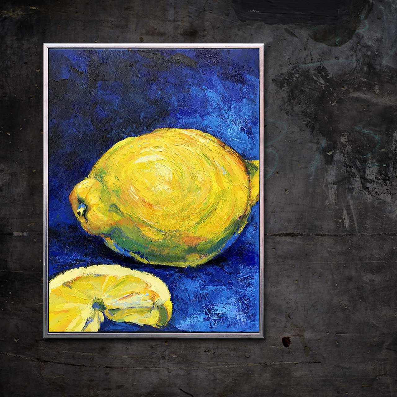 Citron gul på blå med citronskive 014 - malet af Peter Simonsen. Akryl og pastel på lærred. Format: 60 x 80 cm