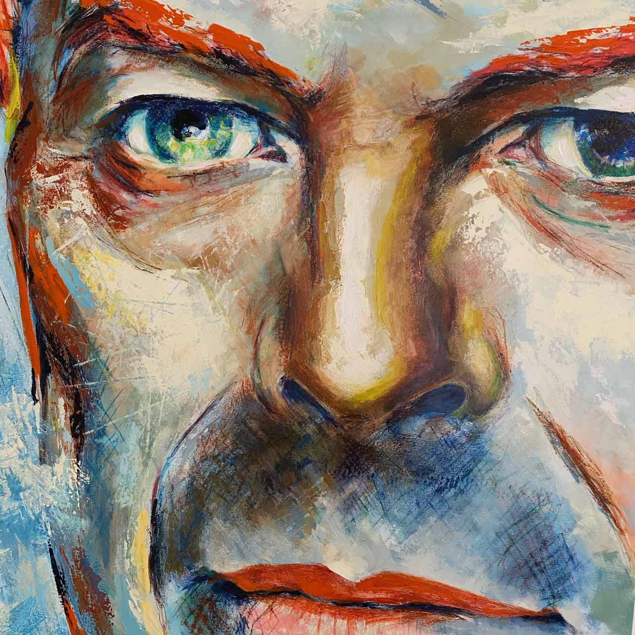 Portræt af David Bowie. Titel: Chameleon. Format: 90 x 120 cm. Mixed media malet af portrætmaler Peter Simonsen i 2020