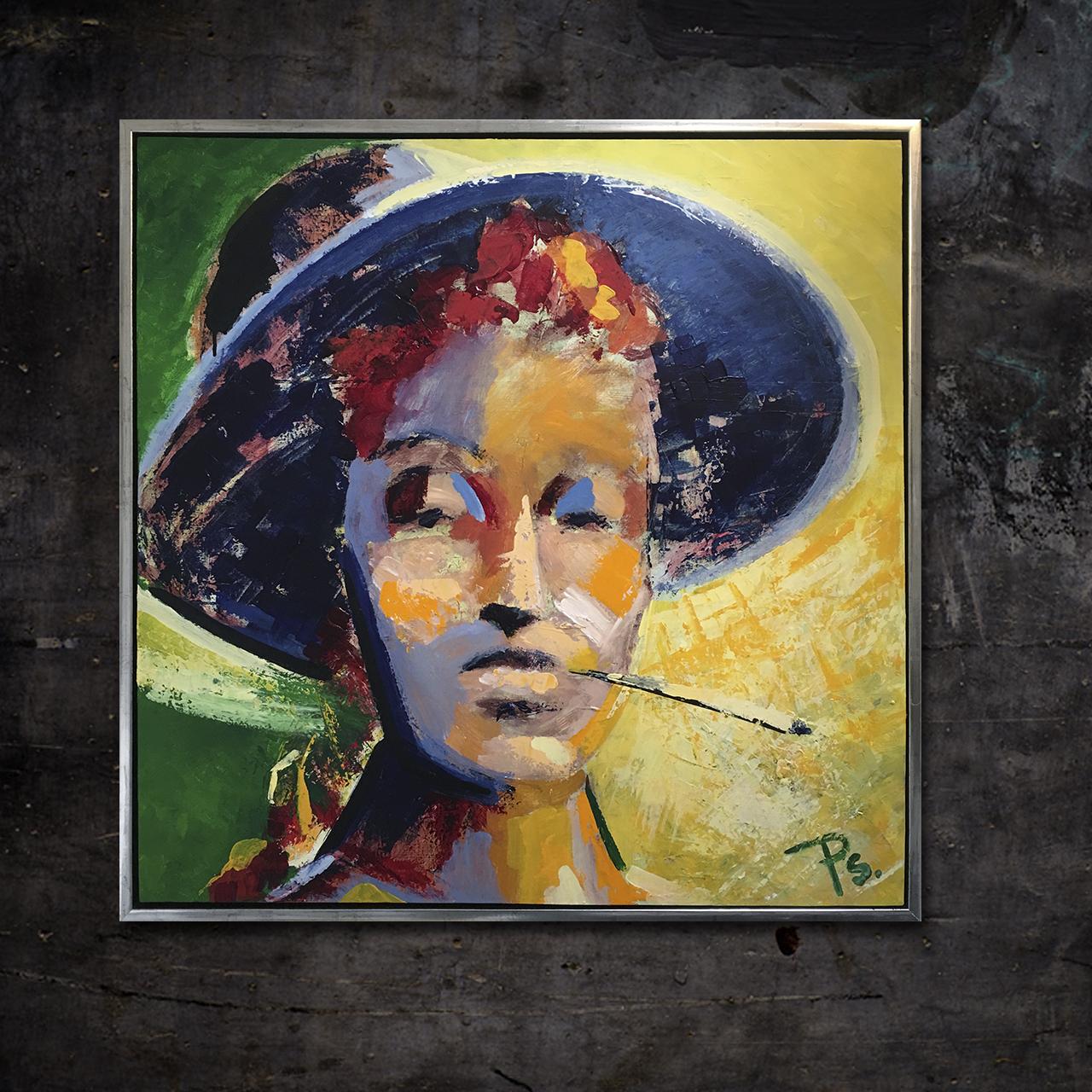 Portrætmaleri 'Kvinde med Cigaret'. Malet med pensel og paletniv på opspændt lærred af portrætmaler Peter Simonsen.